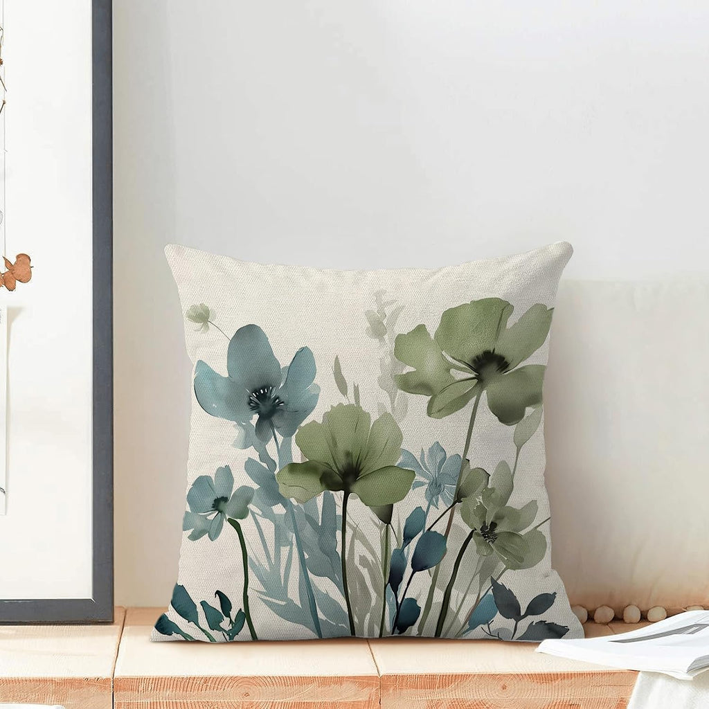 Spring Floral Pillow Covers 18x18 Inches Set of 2 Sage Green Blue Floral Throw Pillow Covers Outdoor Rustic Summer