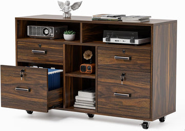 Dark Brown Wood Lateral File Cabinet with Lock, 4 Drawer & 4 Open Shelves, Rolling File Cabinet , Letter Sized