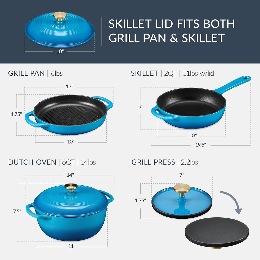 6-Piece Cast Iron Cookware Set, Ceramic Coated 6Qt Dutch Oven, 2Qt Skillet W/Lid, 10" Grill Pan W/Press, Non-toxic