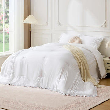 White Ruffle Comforter Set, 3 Pieces Lightweight Fluffy All Season Bedding, Farmhouse Boho Bed Sets with
