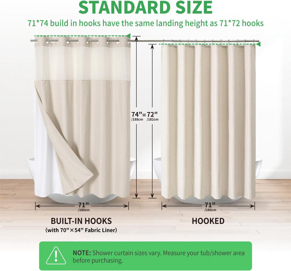 Boho Farmhouse No Hook Shower Curtain Set with Snap-in Fabric Liner,Heavy-Duty Linen Textured Rustic Striped