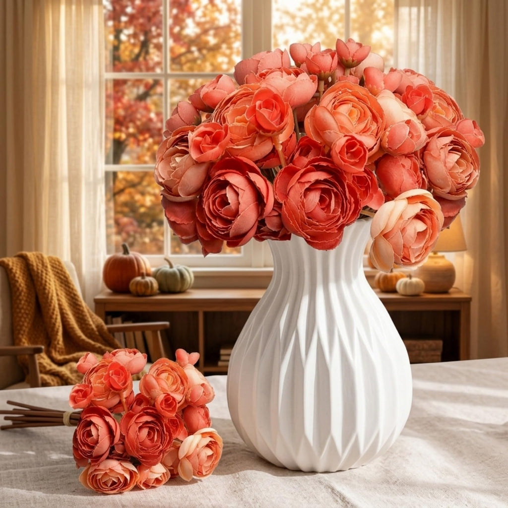 48 Pcs Ranunculus Artificial Flower, Orange-red