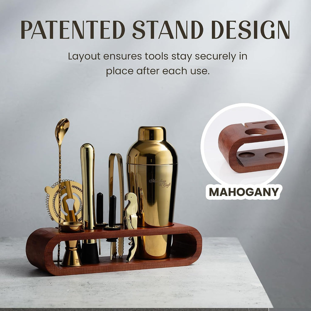 Cocktail Shaker Set with Dark Bamboo Stand - Professional 10-Piece Bartender Kit - Complete Bar Set & Cocktail Mixer