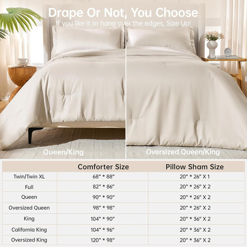 Comforter Set Beige, 3 Piece Solid Bedding for All Seasons