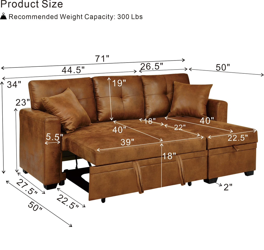 71" L Shaped Sofa with Pull Out Sofa Bed, Sectional Sleeper Sofa with Reversible Chaise, 3 Seater Modular Sectional