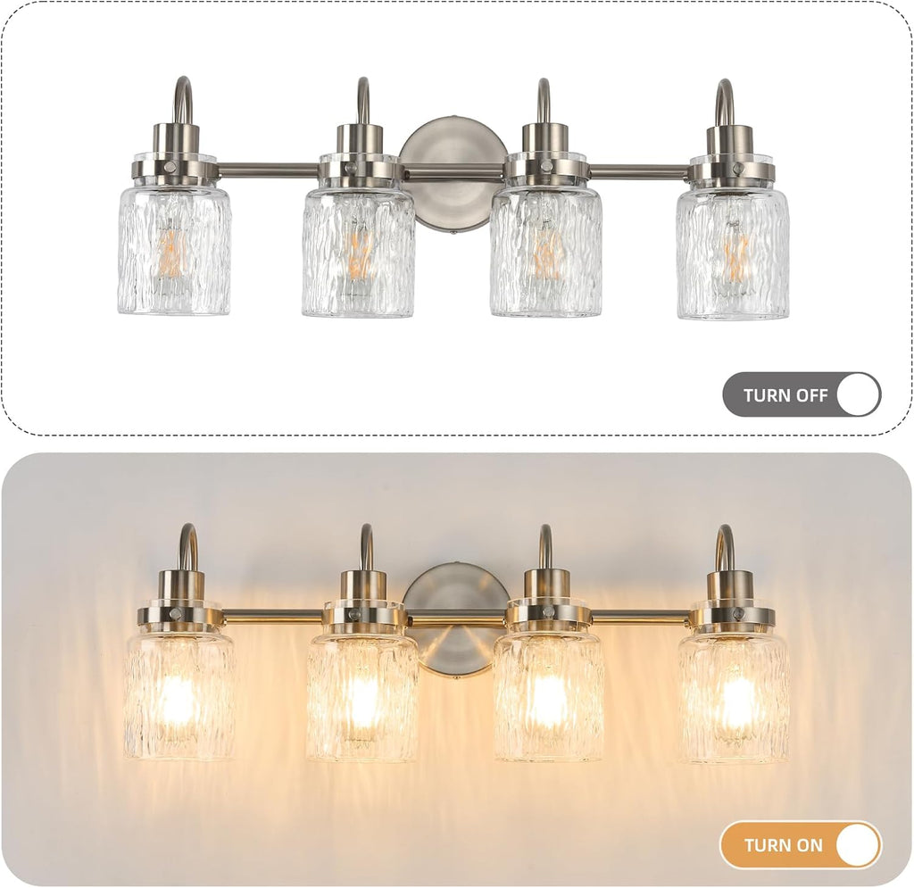 4 Lights Bathroom Vanity Light, Brushed Nickel Bathroom Light Fixtures with Hammered Glass Lampshade for Dressing