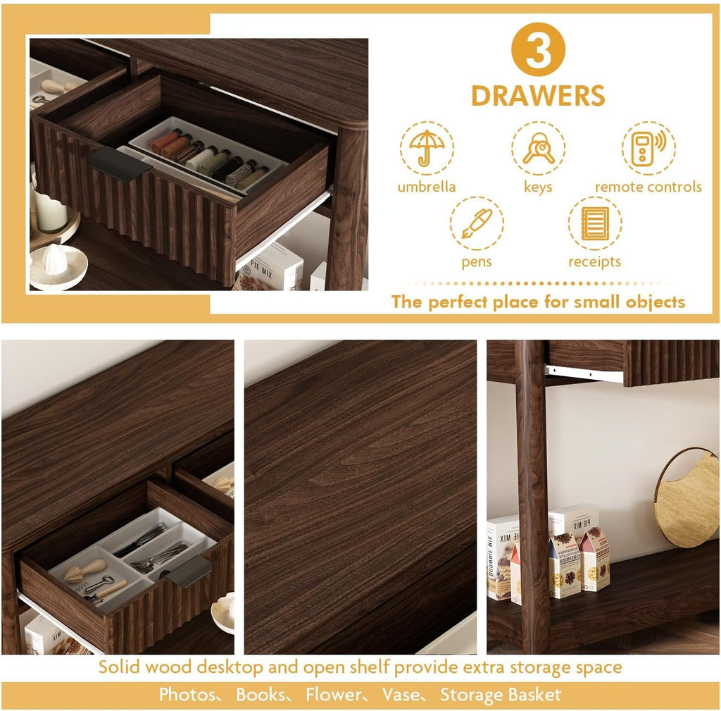 Fluted Wood Console Table with 3 Drawers, Boho Narrow Behind Couch Entryway Table with Open Storage Shelf, Modern