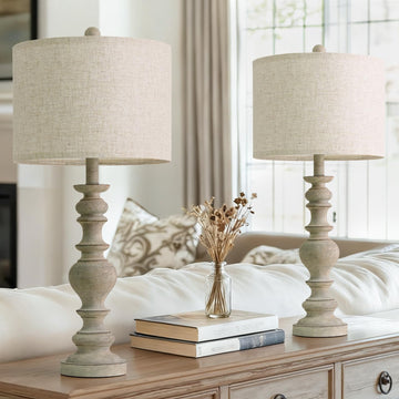 27" Antique Gray Table Lamps Set of 2, Large Farmhouse Resin Lamps with Linen Shades, Vintage Gray Lamps, or Console