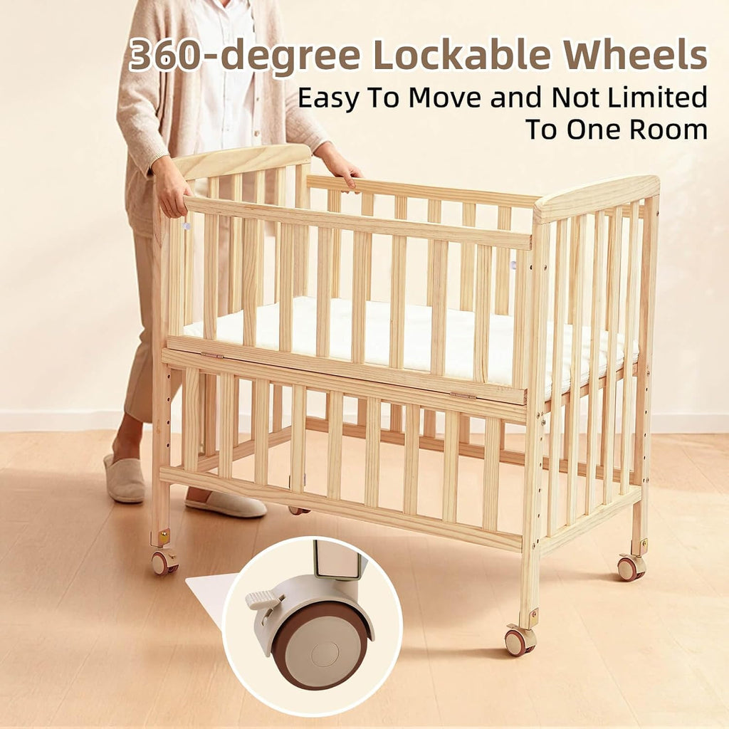 Baby Bassinet Bedside Sleeper,Portable Mini Baby Crib | Mattress Included,New Zealand Pine Wood,6 Adjustable