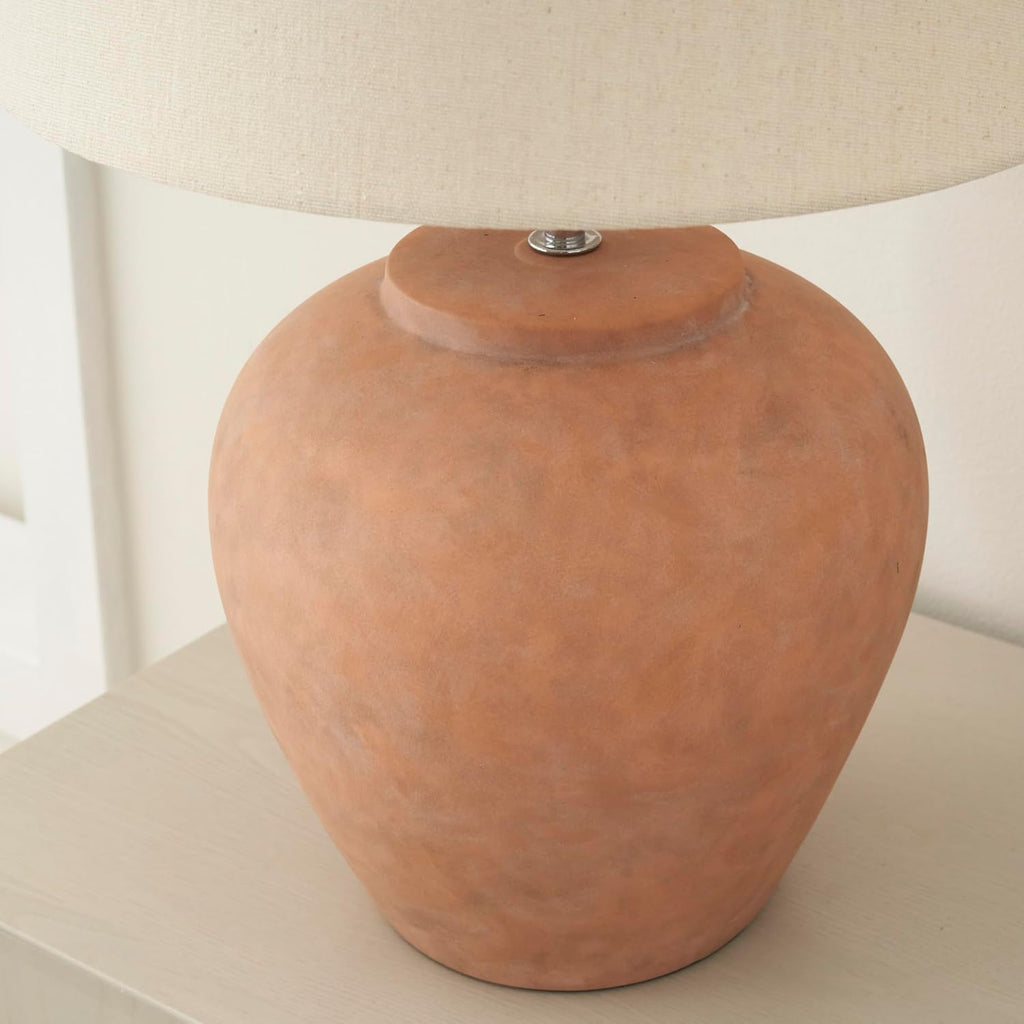 Home 20" Rustic Terracotta Ceramic Table Lamp with Fabric Shade, Bedside Nightstand Lamp