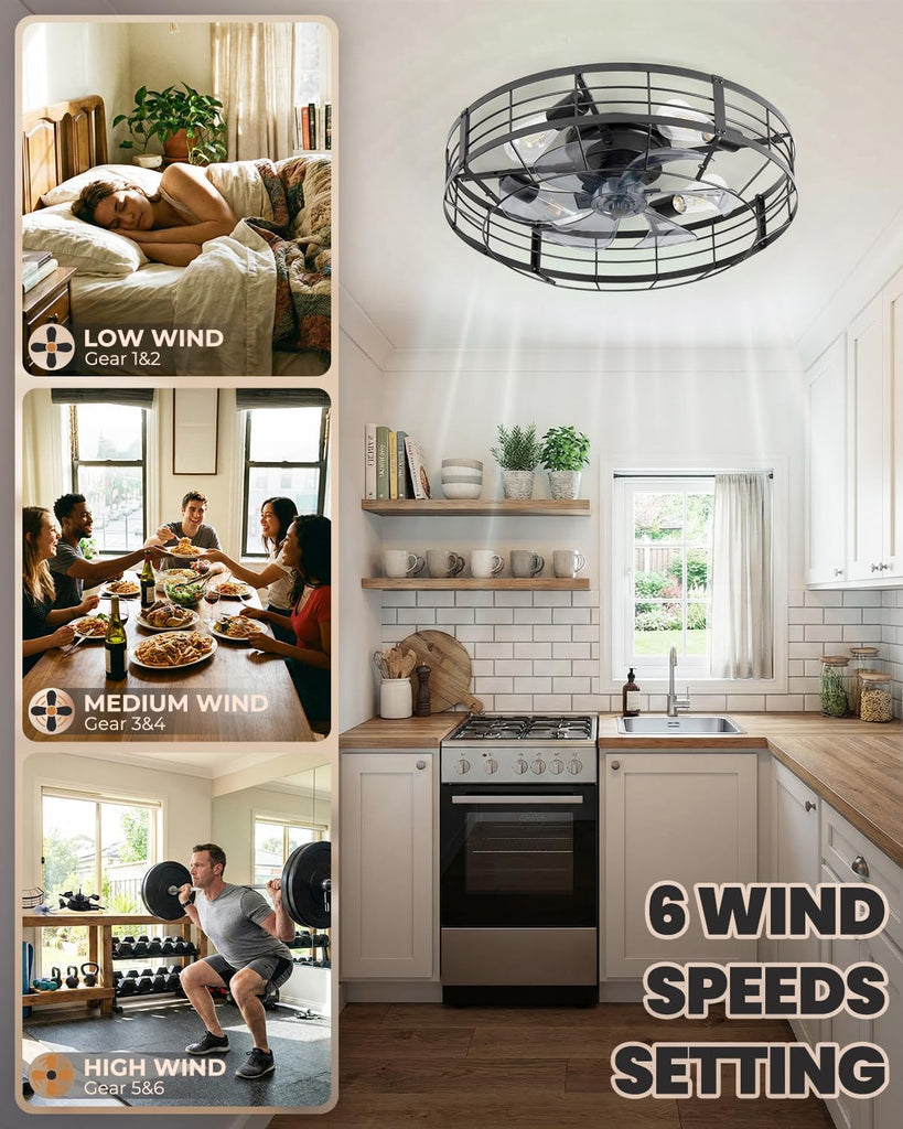 23 Inch Farmhouse Caged Ceiling Fan with Light, Remote Control Flush Mount Fan Lights Ceiling Fixtures