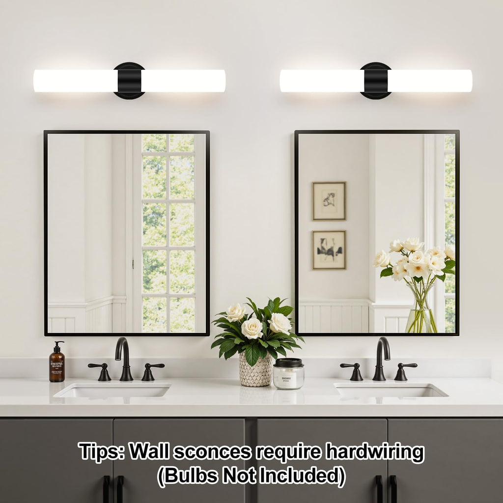 Wall Sconces Set of Two, Modern Bathroom Sconces Wall Lighting with Milky White Glass, Matte Black Sconces Wall Decor