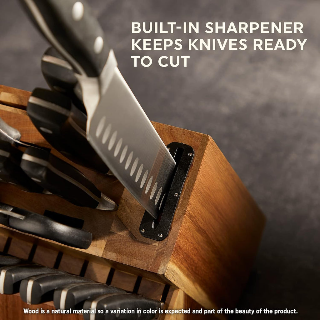 Insignia Triple Rivet Poly (18-PC) Kitchen Knife Block Set With Wooden Block & Built-In Sharpener, Black Ergonomic