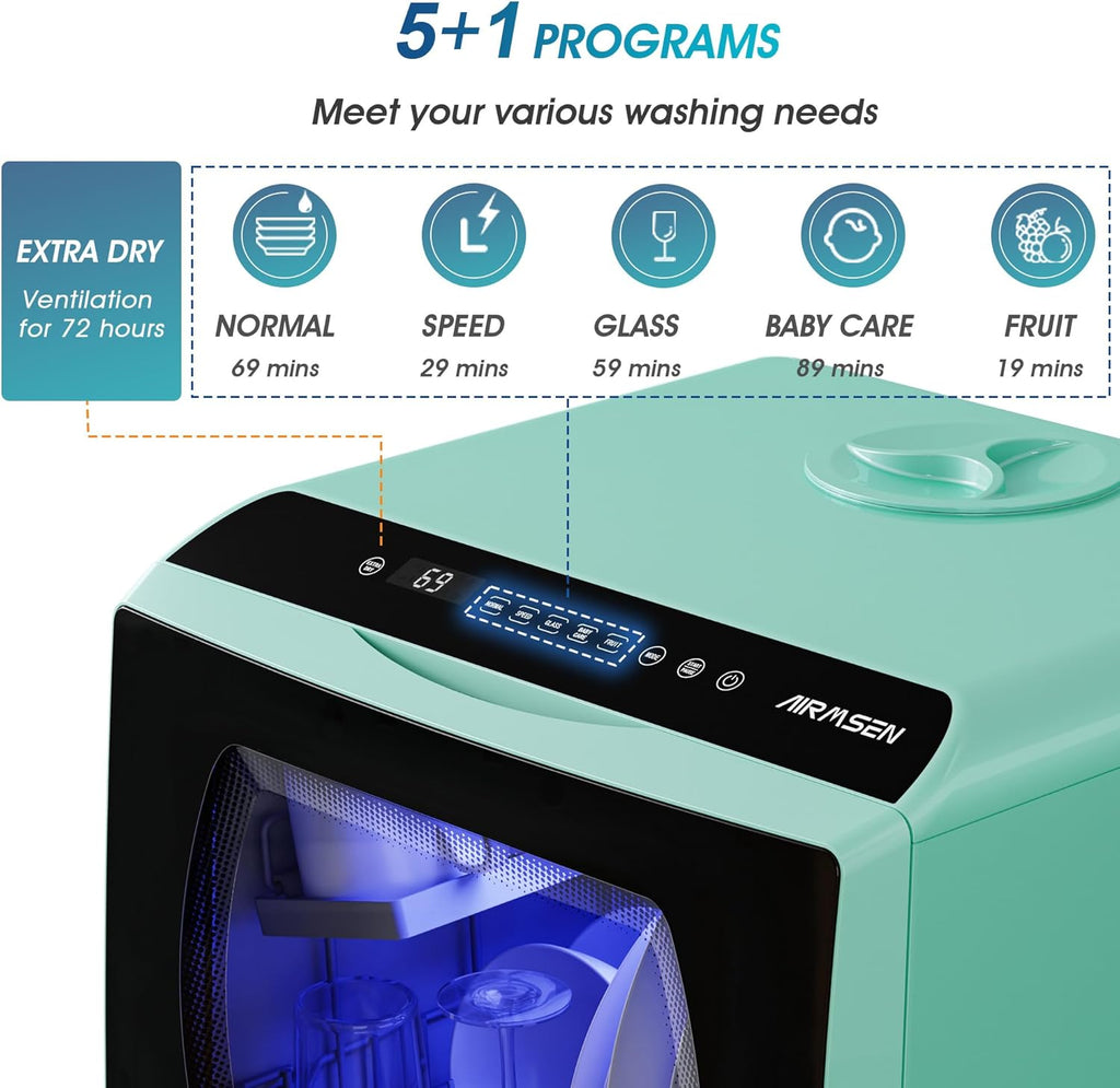 Portable Countertop Dishwashers, 5 Washing Programs Mini Dishwashers with 5 L Built-in Water Tank and Double-layered