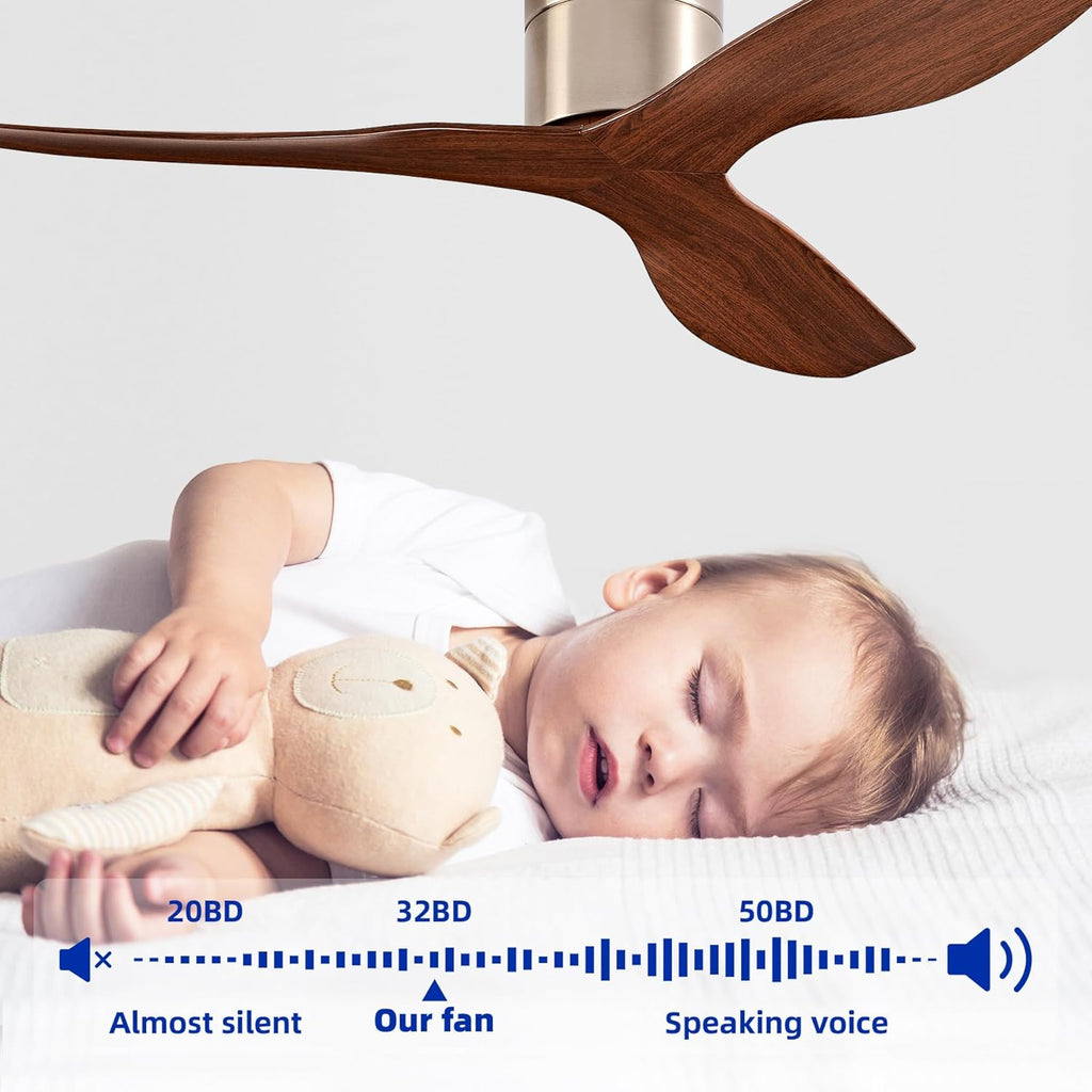 52" Low-Profile Modern Ceiling Fan with Remote – Brown & Brushed Nickel, 3-Blade, DC Motor, No Light
