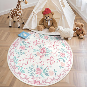 4ft Pink Floral and Bow Washable Round Rug for Girls Bedroom