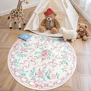 4ft Pink Floral and Bow Washable Round Rug for Girls Bedroom