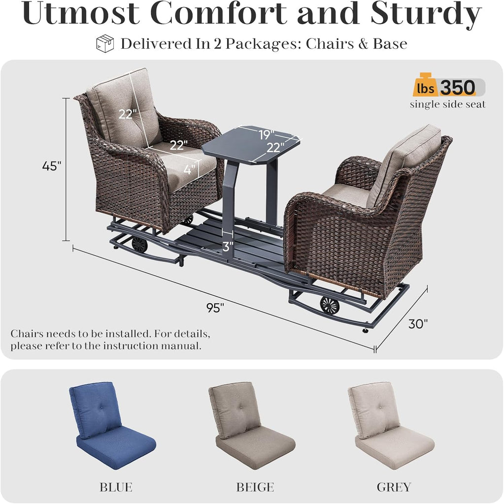 Luxury Outdoor Wicker Glider Rocker Chairs for 2 Seats, Patio Wicker Rattan Glider Rocker Chairs with Table, Rocker