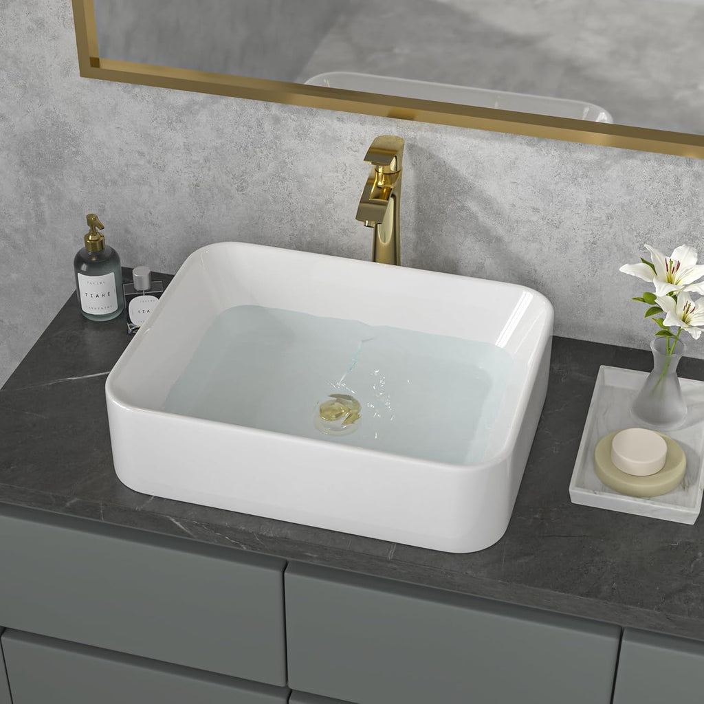 Vessel Sink Rectangular - 19"x15" White Bathroom Sink Rectangle Above Counter Porcelain Ceramic Bathroom Vessel