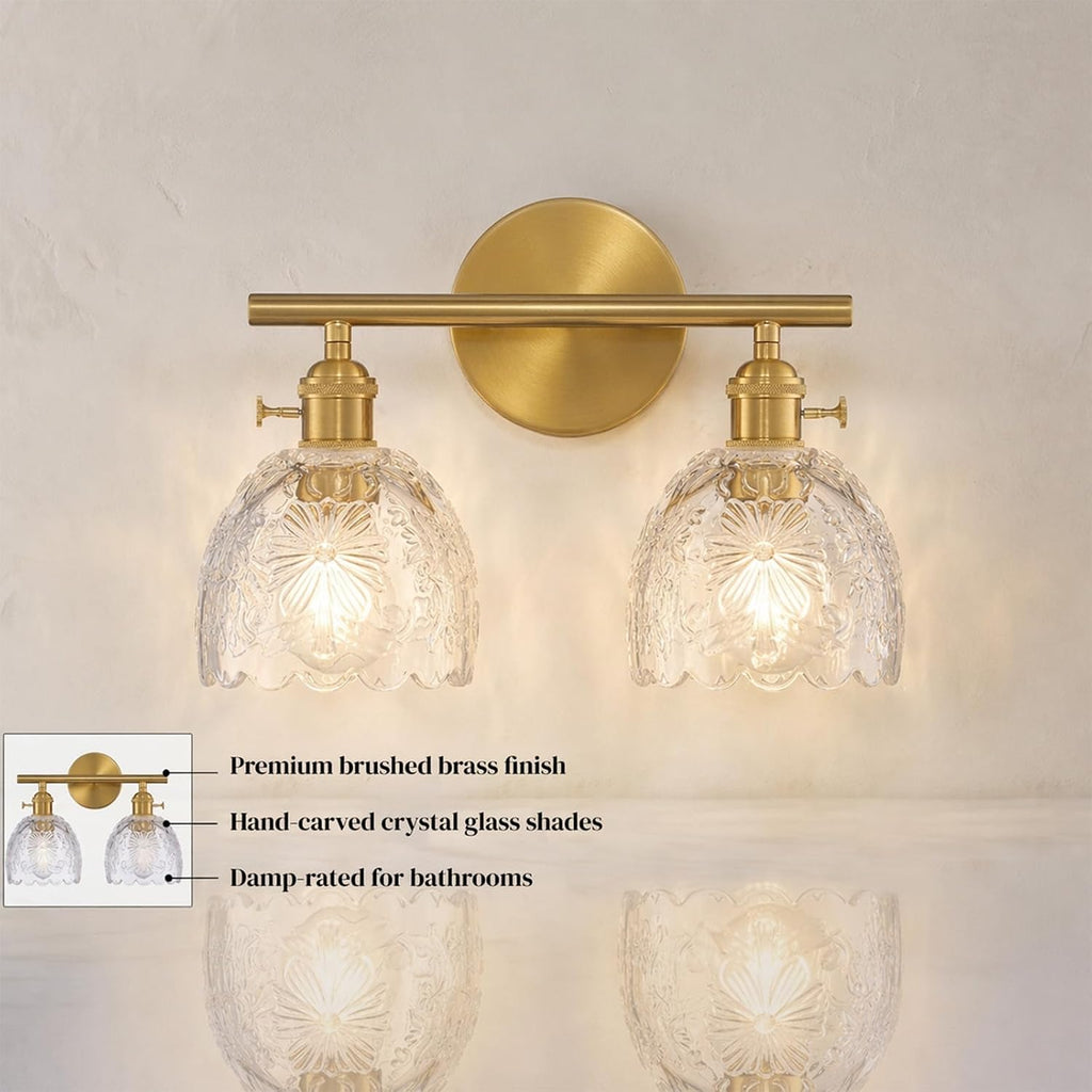 2-Light Bathroom Vanity Light Over Mirror, Brushed Gold Wall Sconce with Clear Floral Glass Shades, Modern Bathroom