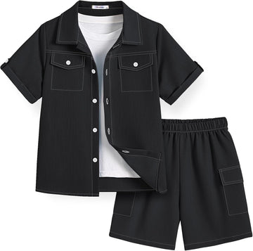 Boys' Woven Shorts Set Academic Style Button Down Shirt and Denim Shorts Outfits Casual yet Dressy Clothes