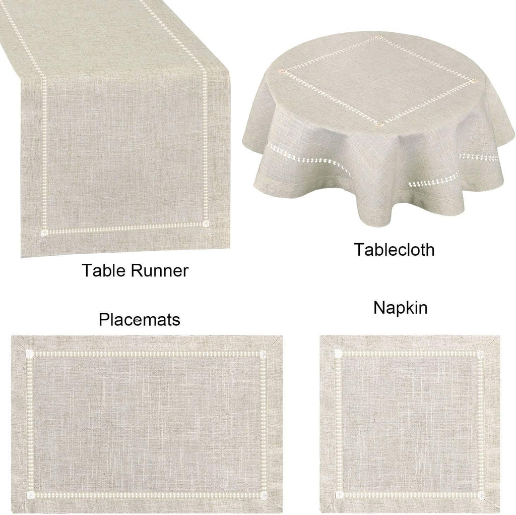 Handmade Double Hemstitch Natural Tablecloth, Round 60 Inch