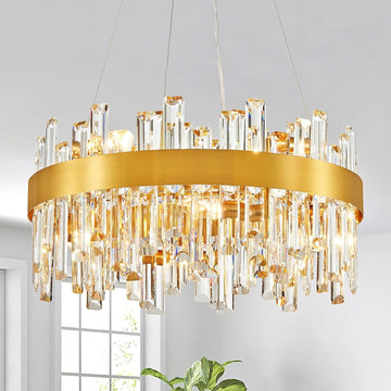 Modern Crystal Chandelier, Luxury Round Lingting Fixture with Crystal Strips, Gold Metal Frame, 8-Light E12 Dimmable Fixture for Dining Room, Living Room (D20 x H20)