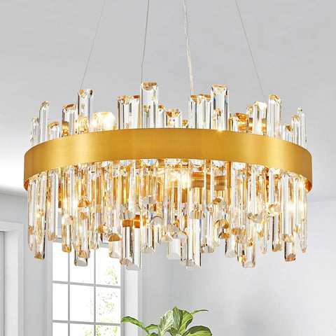 Modern Crystal Chandelier, Luxury Round Lingting Fixture with Crystal Strips, Gold Metal Frame, 8-Light E12 Dimmable Fixture for Dining Room, Living Room (D20 x H20) A100-B0DSFGJF2H