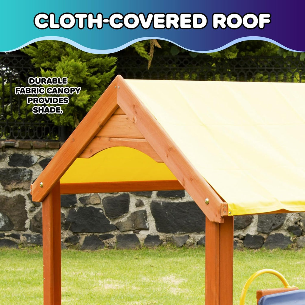 Encinitas Wooden Playhouse with 4' Slide, Yellow Canopy & Table, Outdoor Backyard Playhouse for Kids with Ladder
