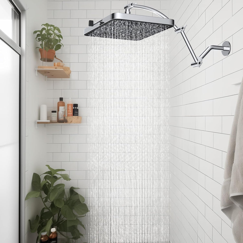 Rain Shower Head, 13'' High Pressure Rainfall Square 5 Spray Mode Showerhead with 16" Shower Head Extension Arm