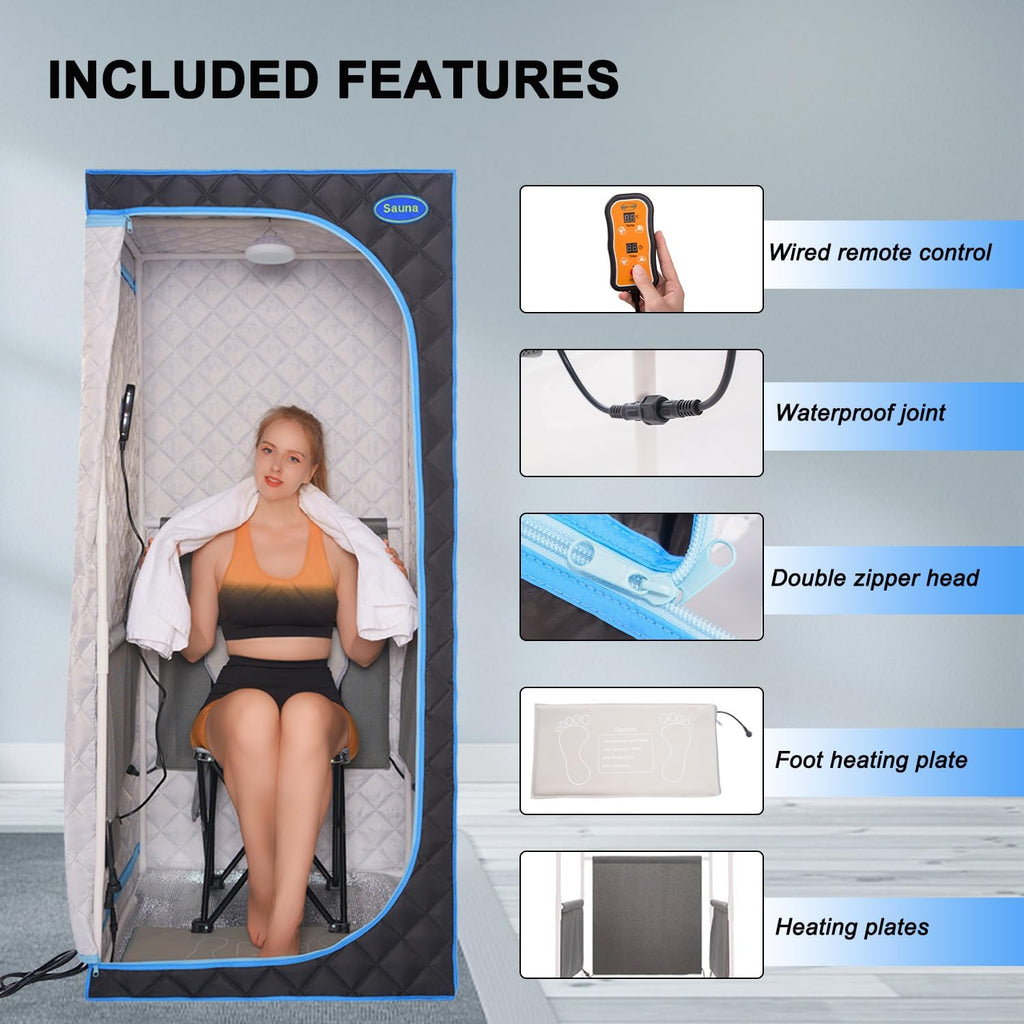 Portable Infrared Sauna for Home Spa, Full Size 1 Person Sauna, Full Size Far Infrared Sauna Tent, with Heating Foot Pad, Portable Chair, (L29.1 x W29.1 x H66.5, Black)