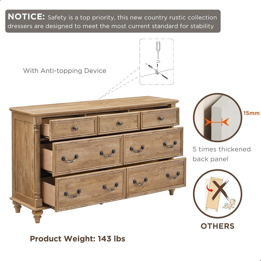 Farmhouse 7-Drawer Dresser with Solid Wood Feet, Light Tree Knot | 4 Solid Wood Feet, Decorative Solid Wood Column
