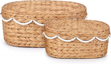 Set of 2 Wicker Storage Baskets with Lid Rattan Basket Decorative Boxes with White Scalloped, Handwoven Storage Box