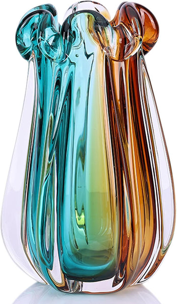 Hand Blown Glass Vase, Murano-Style Colorful Art Glass Centerpiece, Heavy Large Wide Mouth Ruffle Rim, Teal Turquoise