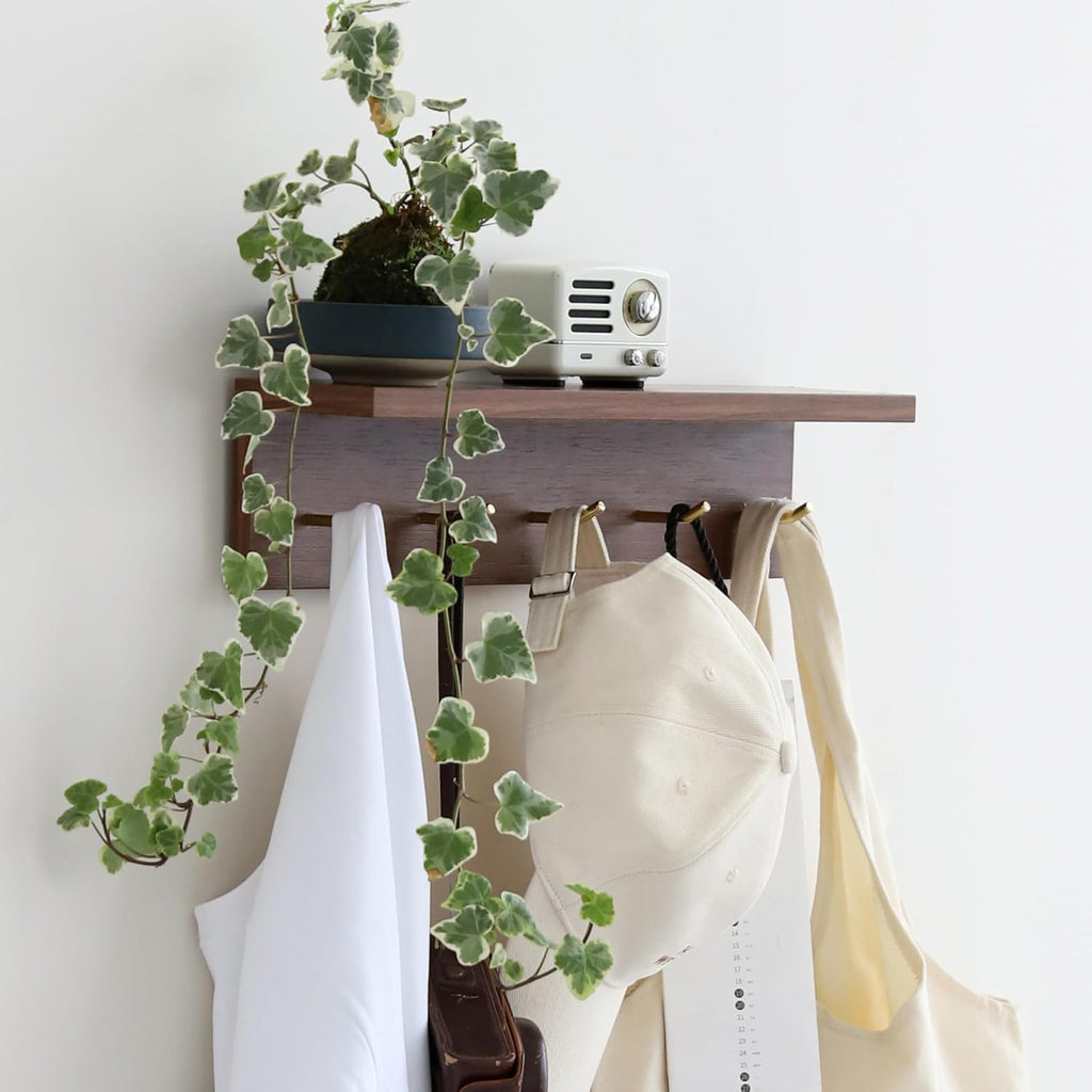 Wall Mount Walnut Coat Rack, 5 Brass Hooks, Floating Shelf | Adjustable rail with movable wood hooks