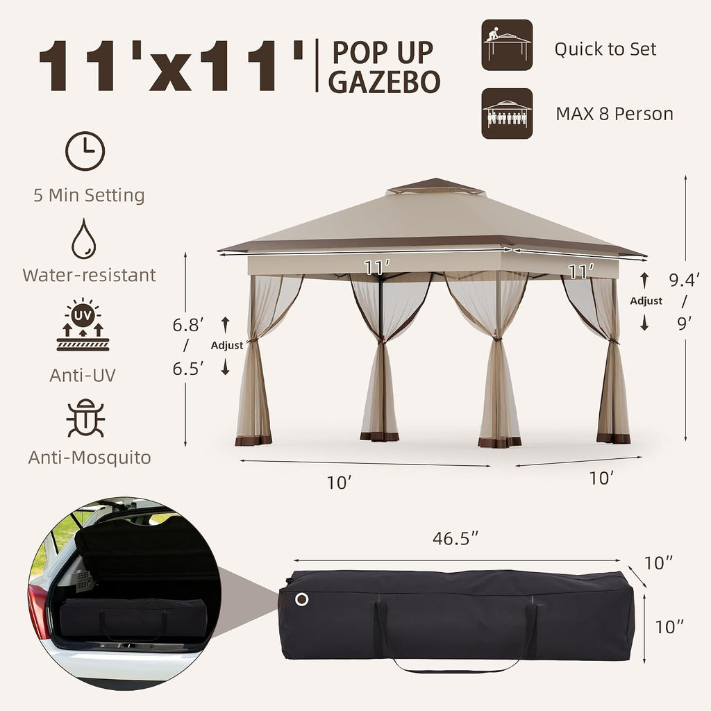 11x11 Pop Up Gazebo with Mosquito Netting