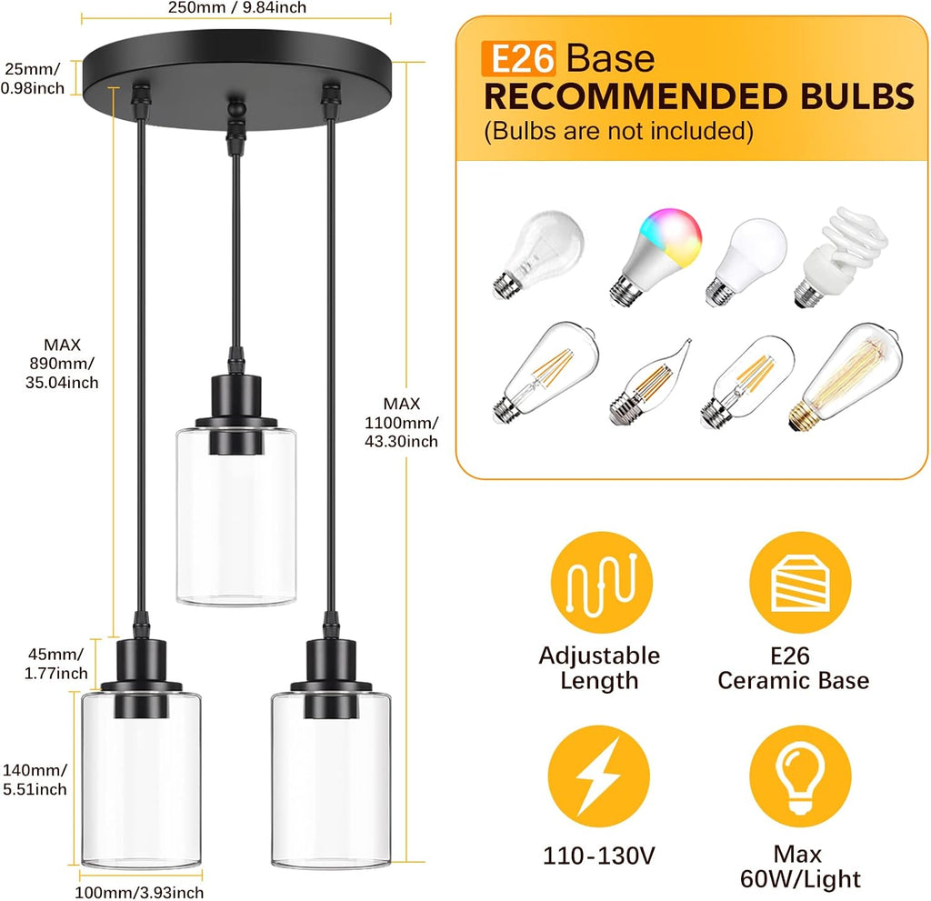 Industrial 3-Light Pendant Light, Adjustable Hanging Light Fixture with Clear Glass Shade, Pendant Lighting E26 Base