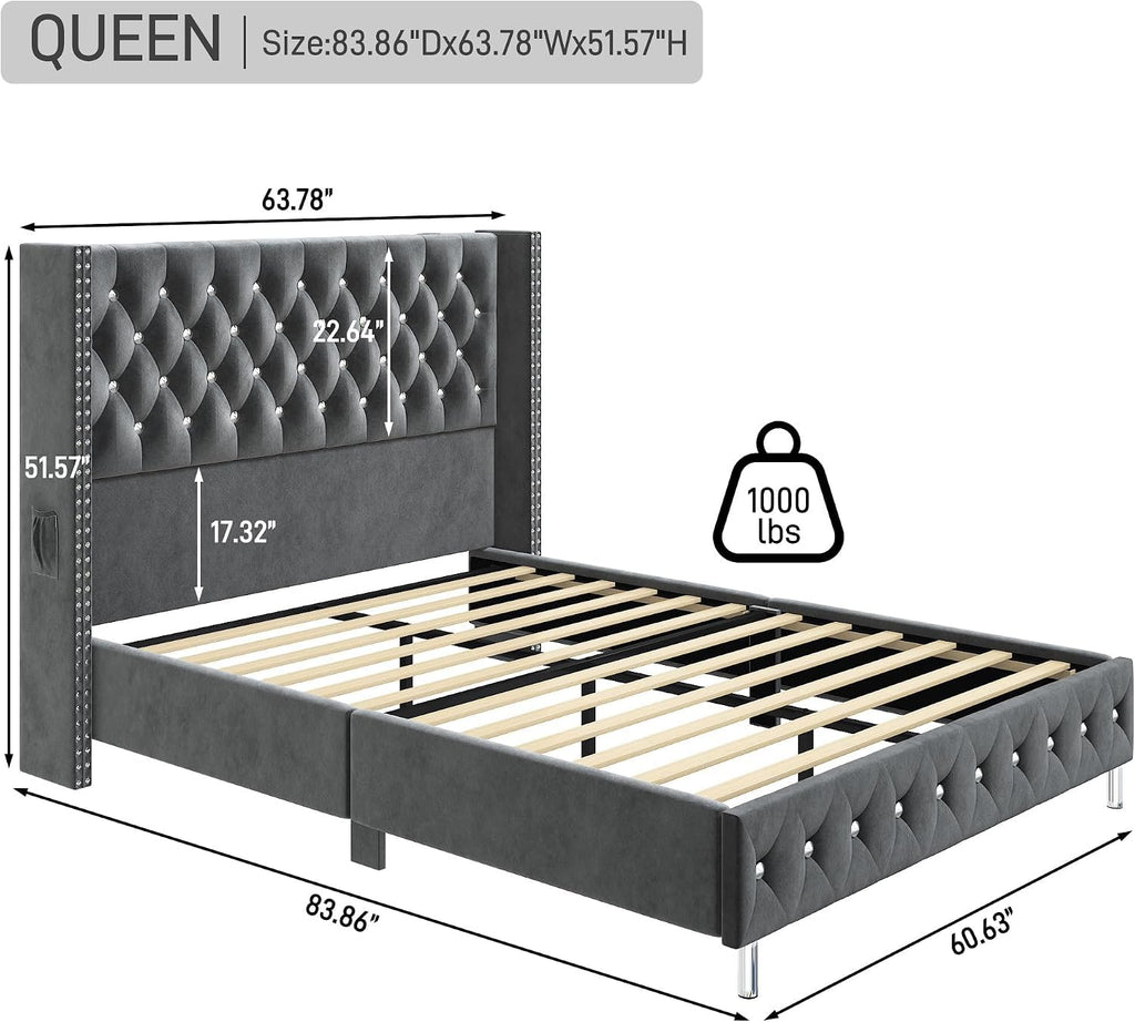 Queen LED Upholstered Bed Frame with Wingback Headboard, Velvet Diamond Button Tufted Bed Frame w/USB&Type-C Ports