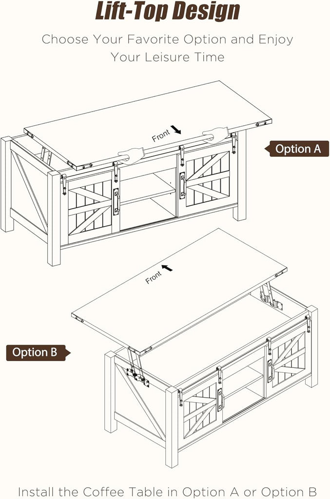 48" Farmhouse Lift Top Coffee Table with Sliding Barn Door,Rustic Center Table with Hidden Storage Compartment,Lifting