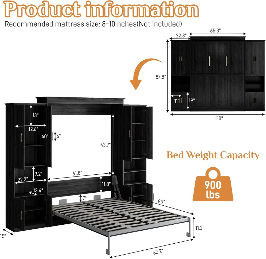 Murphy Bed Queen with 2 Side Cabinet Storage Shelves, Queen Wall Bed Cabinet with USB Port, Wood Foldable Platform