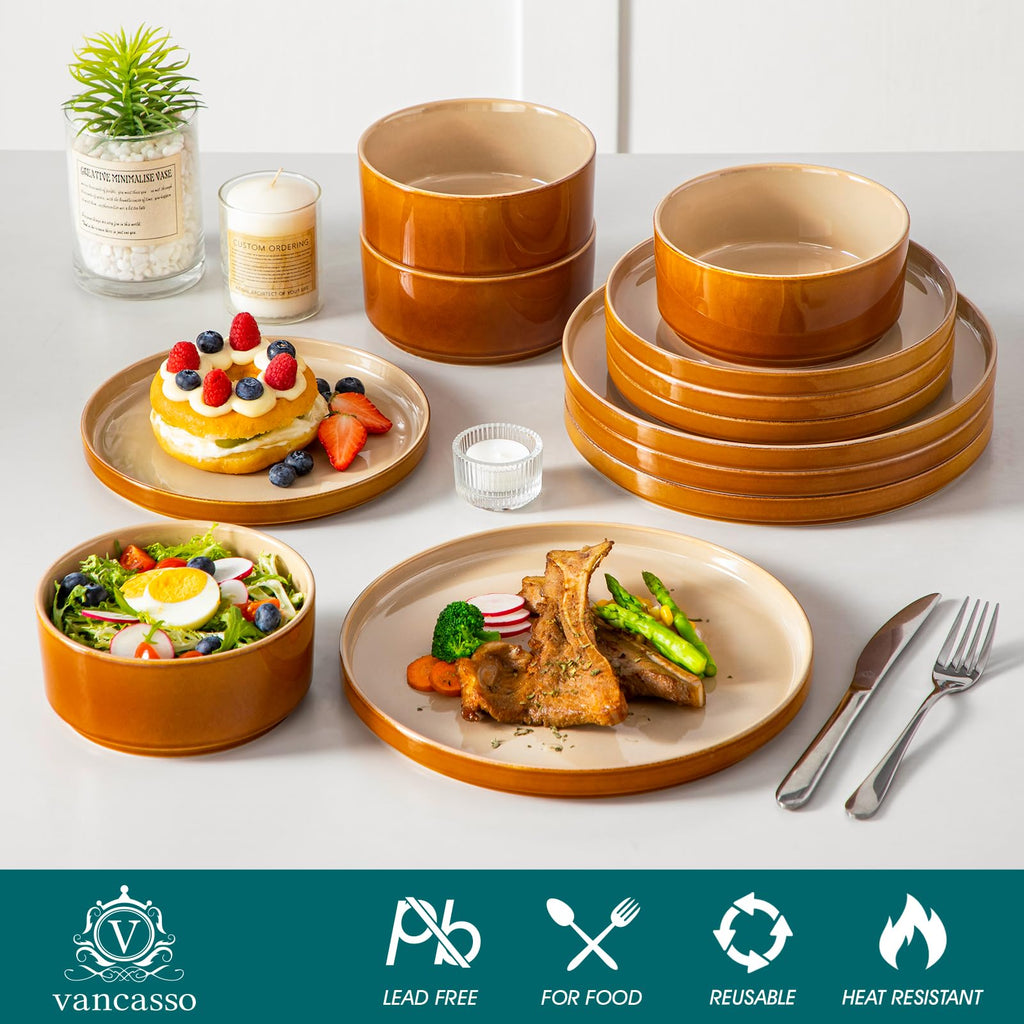 Ceramic Plates and Bowls Sets, 12 Pieces Brown Dinnerware Sets , Reactive Glaze Dishes Set for 4, Dishwasher and