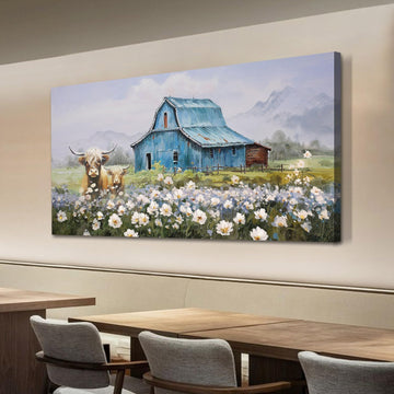 Farmhouse Highland Cow Canvas Wall Art 48"x24"