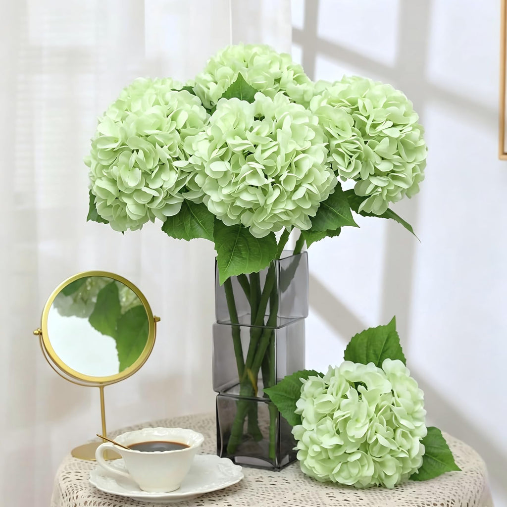 4pcs Light Green Hydrangea Artificial Flowers with Long Stem & Leaves