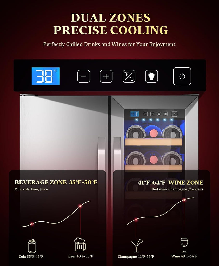 60 Cans 24" Dual Zone Wine & Beverage Refrigerator - Under Counter Cooler with Upgraded Cooling & Blue LED Light