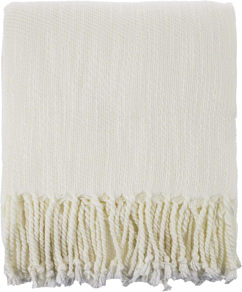 Classic Woven Solid Lightweight Throw Blanket with Fringe Design 50" W x 60" L - 4 Colors (Ivory)