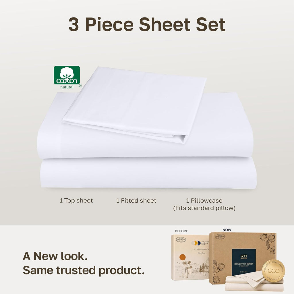 Soft Natural 100% Cotton Sateen Twin Sheets, 3 Pc Set, Bright White