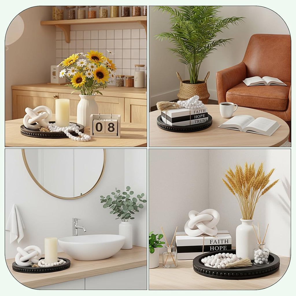 6 Pcs Rustic Wooden Coffee Table Tray Decoration Set, Round Beaded Tray Wood Chain Bead Garland with Tassels and 3