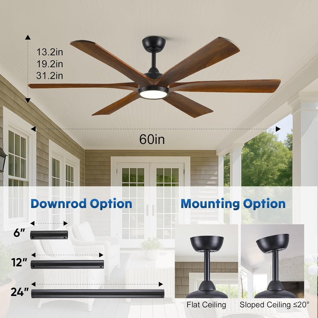 60 Inch Smart Outdoor Ceiling Fan with Lights for Patios, High CFM, Damp Rated 6 Walnut Wood Blades