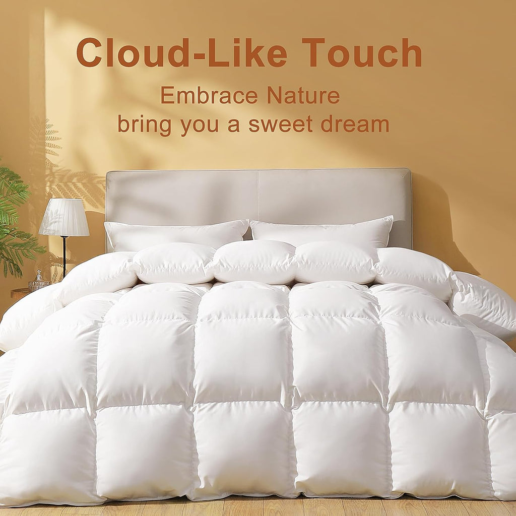 Feather Down Fiber Comforter King, Ultra Soft Fabric Duvet Insert, Luxurious Hotel Collection White 