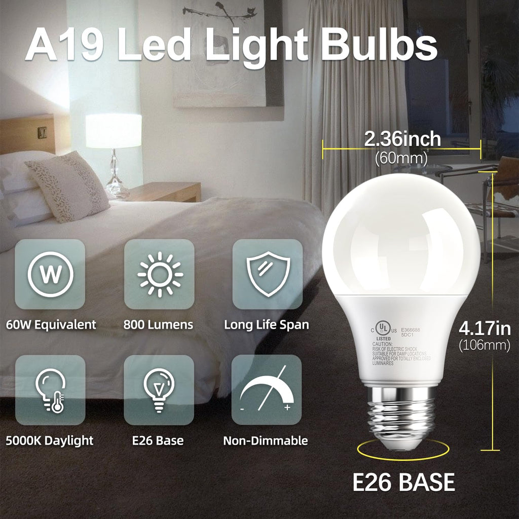 LED Light Bulbs Daylight 5000K, 60 Watt Equivalent LED Bulb, 9W Bright White Light Bulb, A19 E26 Standard Base, Non (6 Pack)